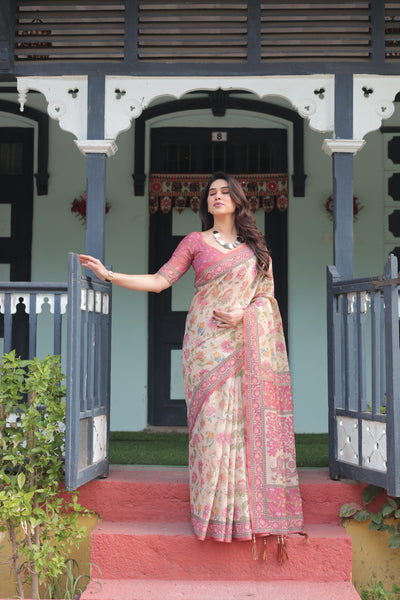 Cream and Pink Handloom Cotton-Linen Saree with Vibrant Floral and Elephant Motifs