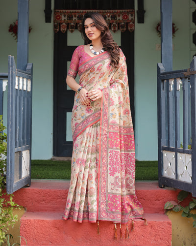 Cream and Pink Handloom Cotton-Linen Saree with Vibrant Floral and Elephant Motifs