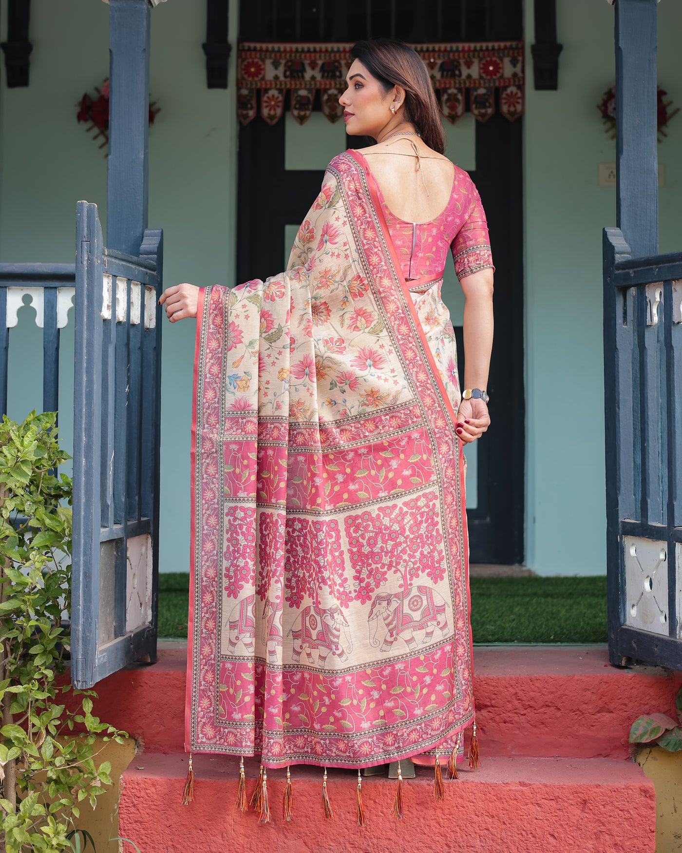 Cream and Pink Handloom Cotton-Linen Saree with Vibrant Floral and Elephant Motifs