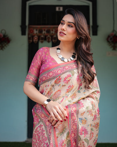 Cream and Pink Handloom Cotton-Linen Saree with Vibrant Floral and Elephant Motifs