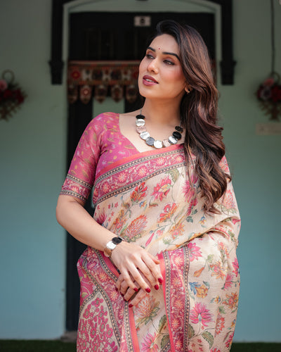 Cream and Pink Handloom Cotton-Linen Saree with Vibrant Floral and Elephant Motifs