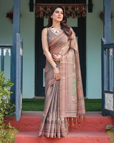 Earthy Brown Handloom Cotton-Linen Saree with Bird Motifs and Striped Detailing