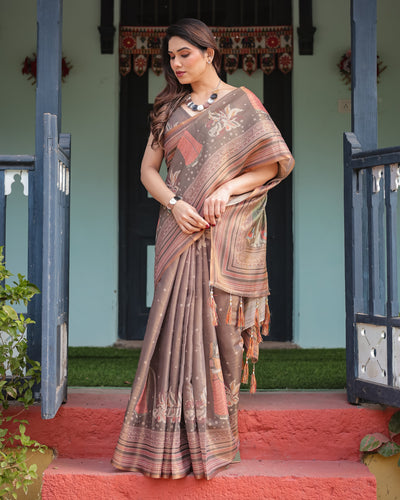 Earthy Brown Handloom Cotton-Linen Saree with Bird Motifs and Striped Detailing