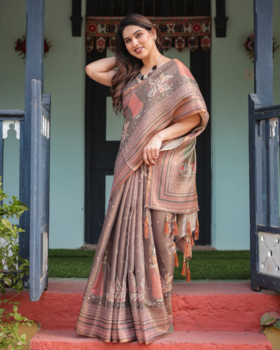 Earthy Brown Handloom Cotton-Linen Saree with Bird Motifs and Striped Detailing