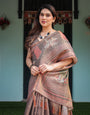 Earthy Brown Handloom Cotton-Linen Saree with Bird Motifs and Striped Detailing