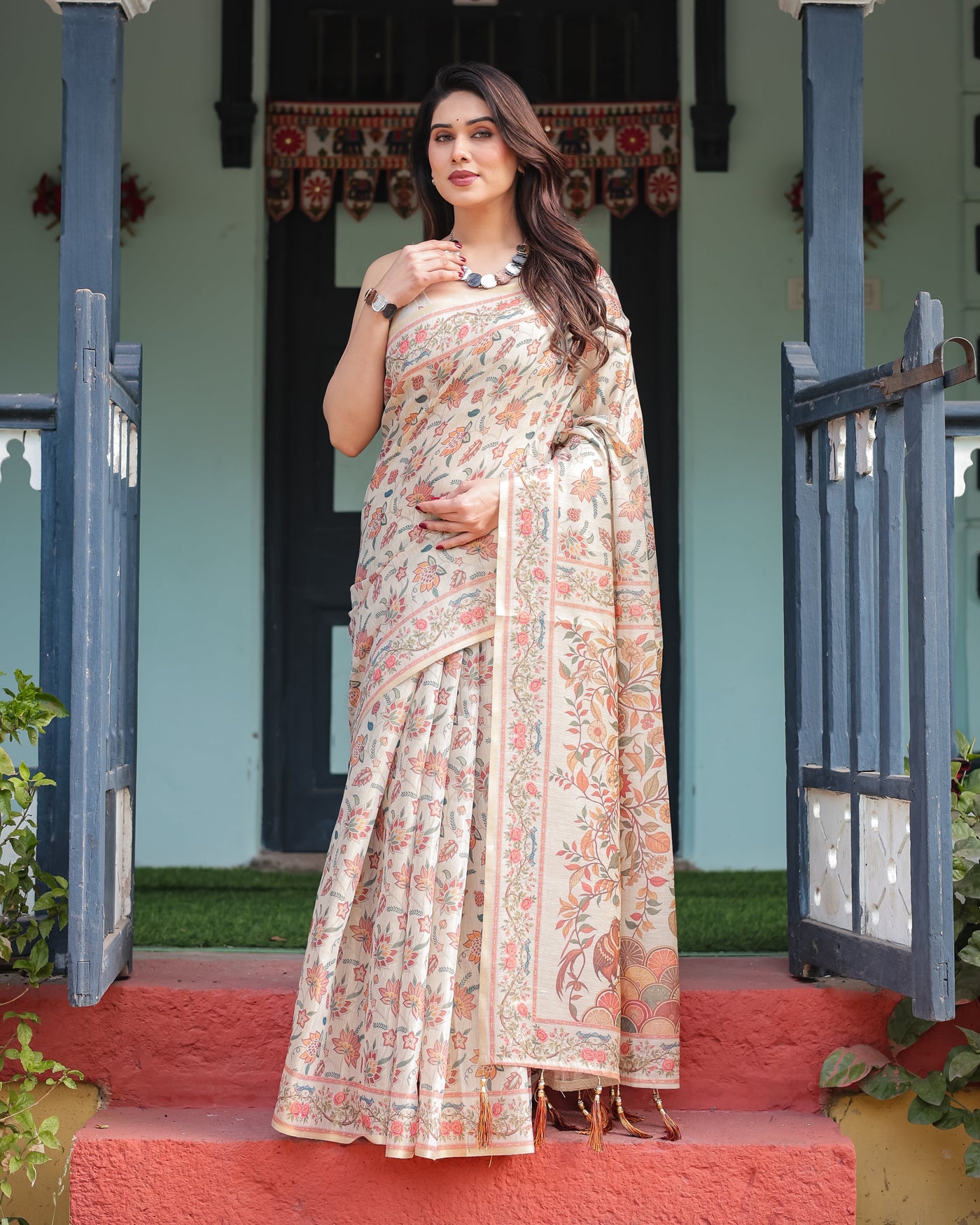 Elegant Beige Handloom Cotton-Linen Saree with Golden Zari Weave, Floral Printed Pallu & Tassel Detailing