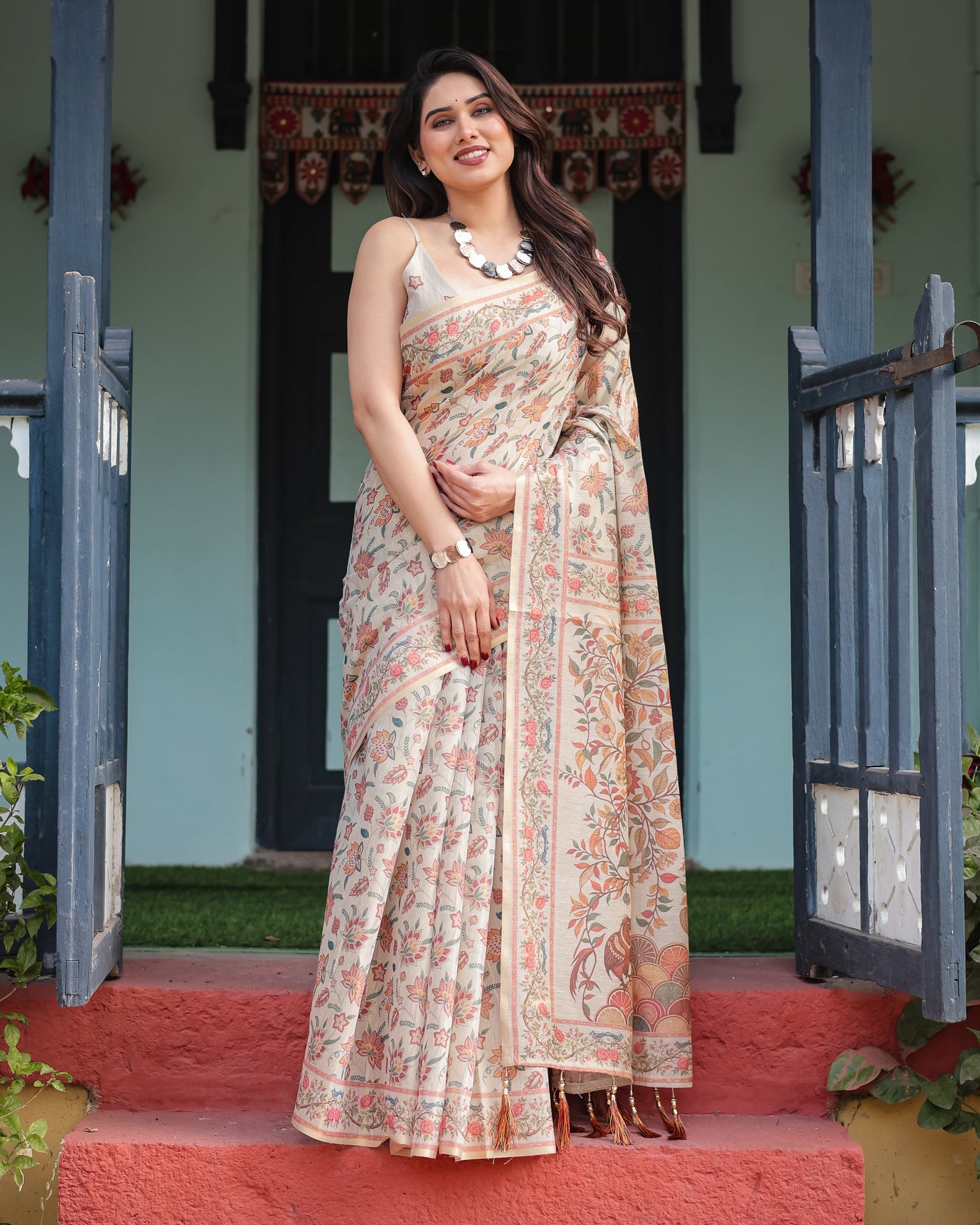 Elegant Beige Handloom Cotton-Linen Saree with Golden Zari Weave, Floral Printed Pallu & Tassel Detailing