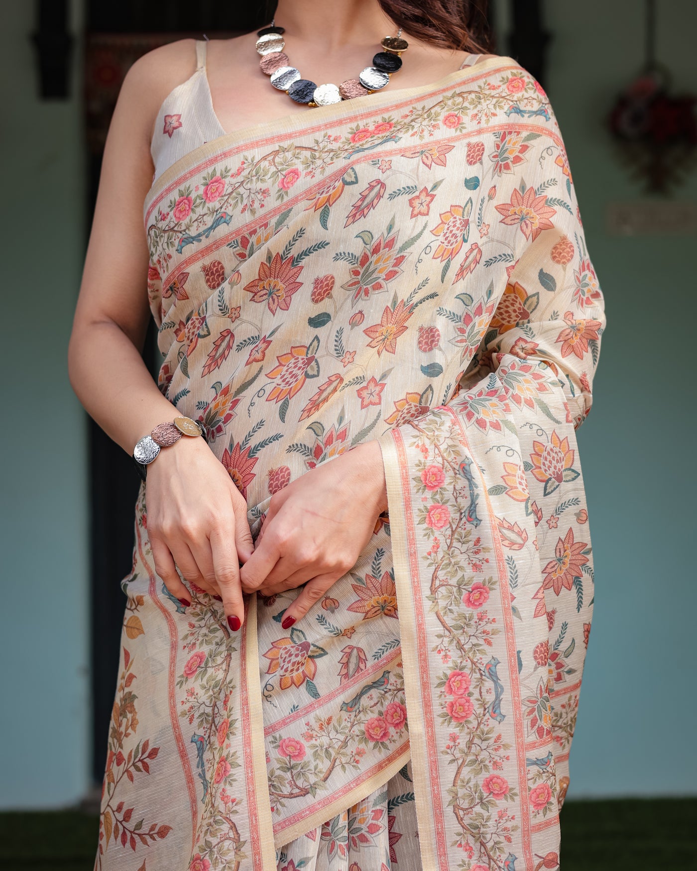 Elegant Beige Handloom Cotton-Linen Saree with Golden Zari Weave, Floral Printed Pallu & Tassel Detailing