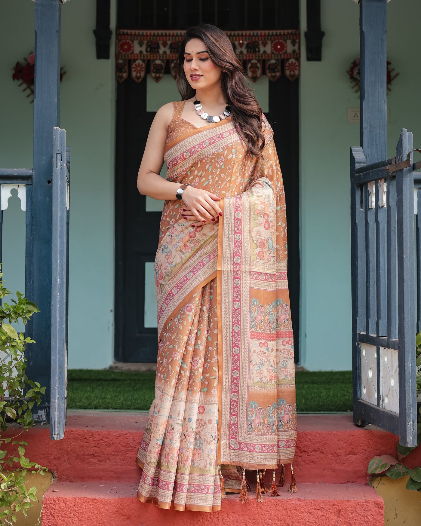 Warm Gold Pure Linen Cotton Handloom Printed Saree with Floral and Figurative Patterns, Golden Zari Weave, Tassels, and Slub Texture