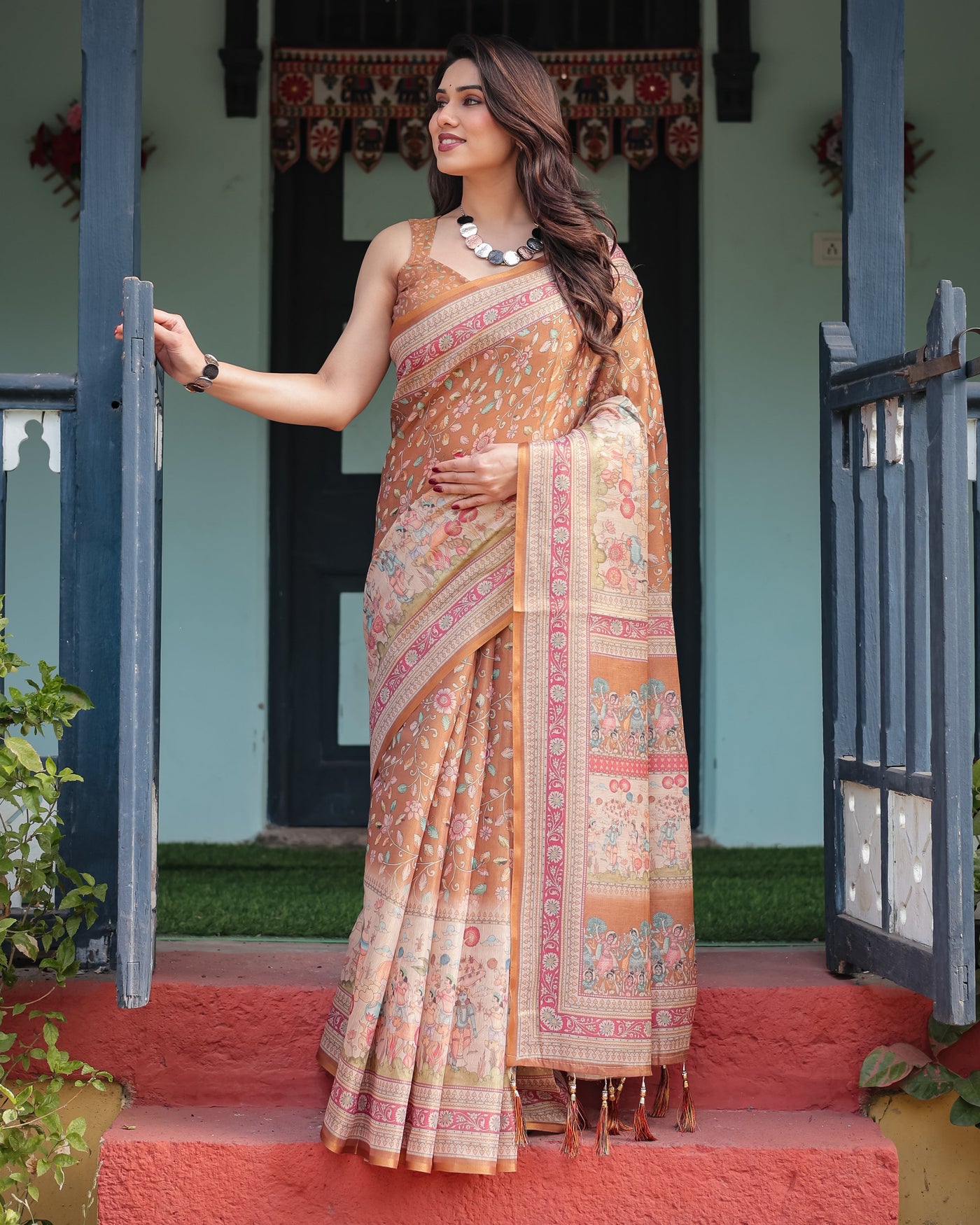 Warm Gold Pure Linen Cotton Handloom Printed Saree with Floral and Figurative Patterns, Golden Zari Weave, Tassels, and Slub Texture