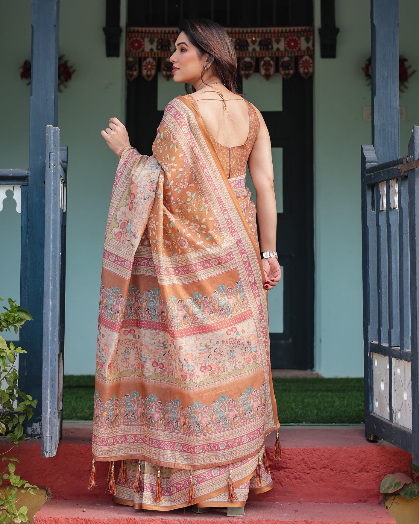 Warm Gold Pure Linen Cotton Handloom Printed Saree with Floral and Figurative Patterns, Golden Zari Weave, Tassels, and Slub Texture