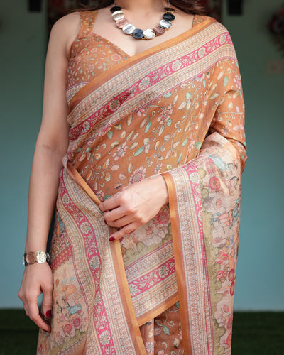 Warm Gold Pure Linen Cotton Handloom Printed Saree with Floral and Figurative Patterns, Golden Zari Weave, Tassels, and Slub Texture