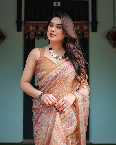 Warm Gold Pure Linen Cotton Handloom Printed Saree with Floral and Figurative Patterns, Golden Zari Weave, Tassels, and Slub Texture