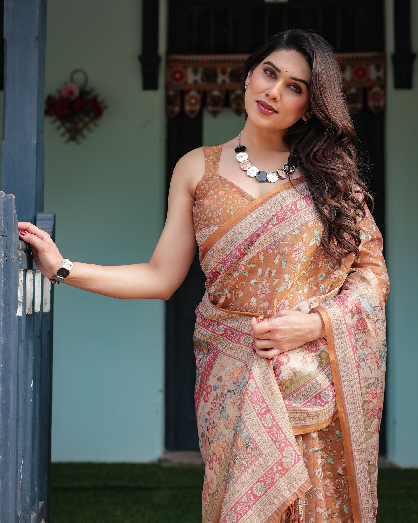 Warm Gold Pure Linen Cotton Handloom Printed Saree with Floral and Figurative Patterns, Golden Zari Weave, Tassels, and Slub Texture