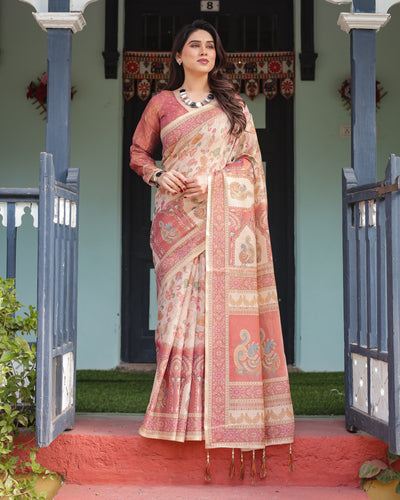 Cream with Coral Borders Linen Cotton Handloom Printed Saree, Peacock Motifs, Floral Design, and Tassels