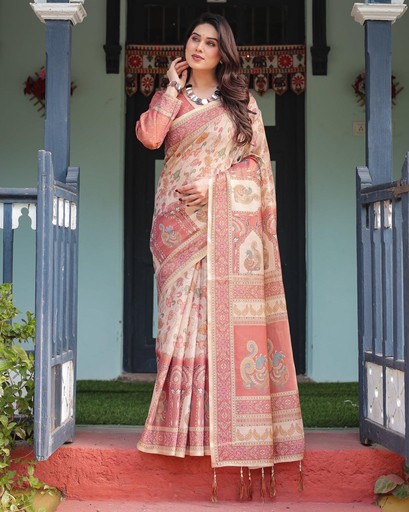 Cream with Coral Borders Linen Cotton Handloom Printed Saree, Peacock Motifs, Floral Design, and Tassels