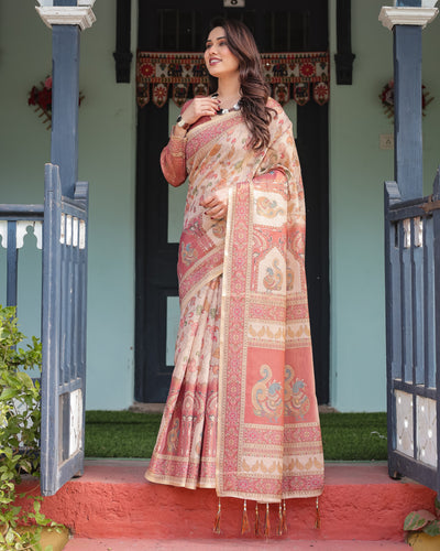 Cream with Coral Borders Linen Cotton Handloom Printed Saree, Peacock Motifs, Floral Design, and Tassels