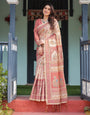 Cream with Coral Borders Linen Cotton Handloom Printed Saree, Peacock Motifs, Floral Design, and Tassels