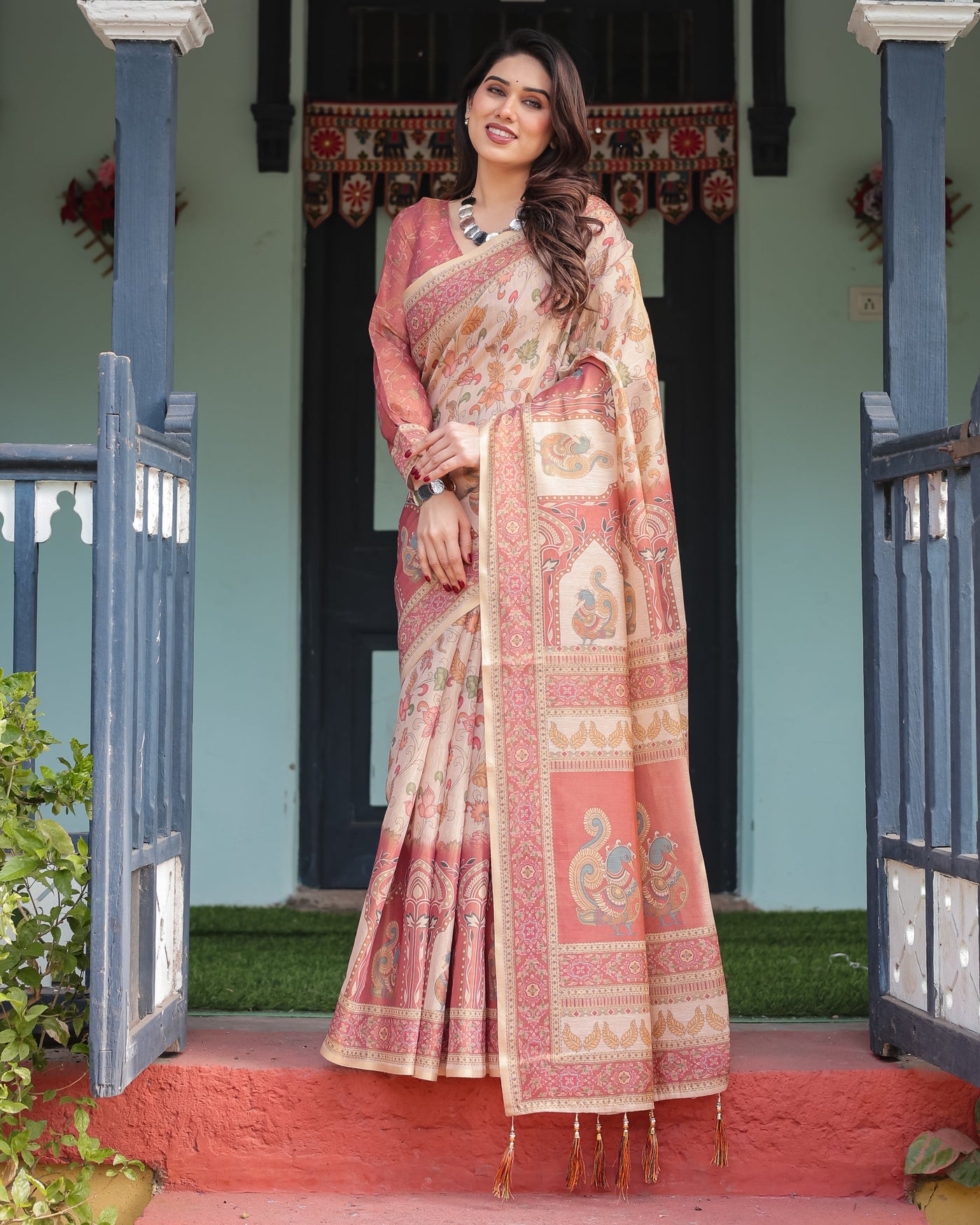 Cream with Coral Borders Linen Cotton Handloom Printed Saree, Peacock Motifs, Floral Design, and Tassels