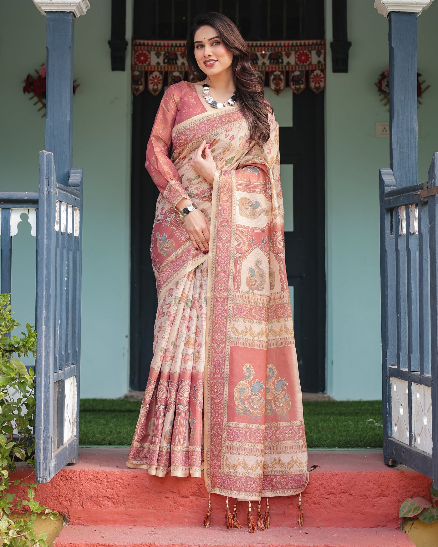 Cream with Coral Borders Linen Cotton Handloom Printed Saree, Peacock Motifs, Floral Design, and Tassels