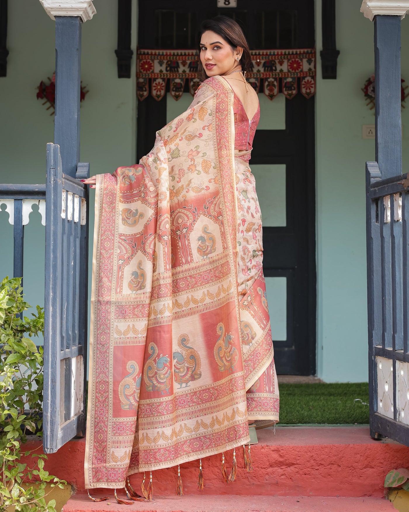 Cream with Coral Borders Linen Cotton Handloom Printed Saree, Peacock Motifs, Floral Design, and Tassels