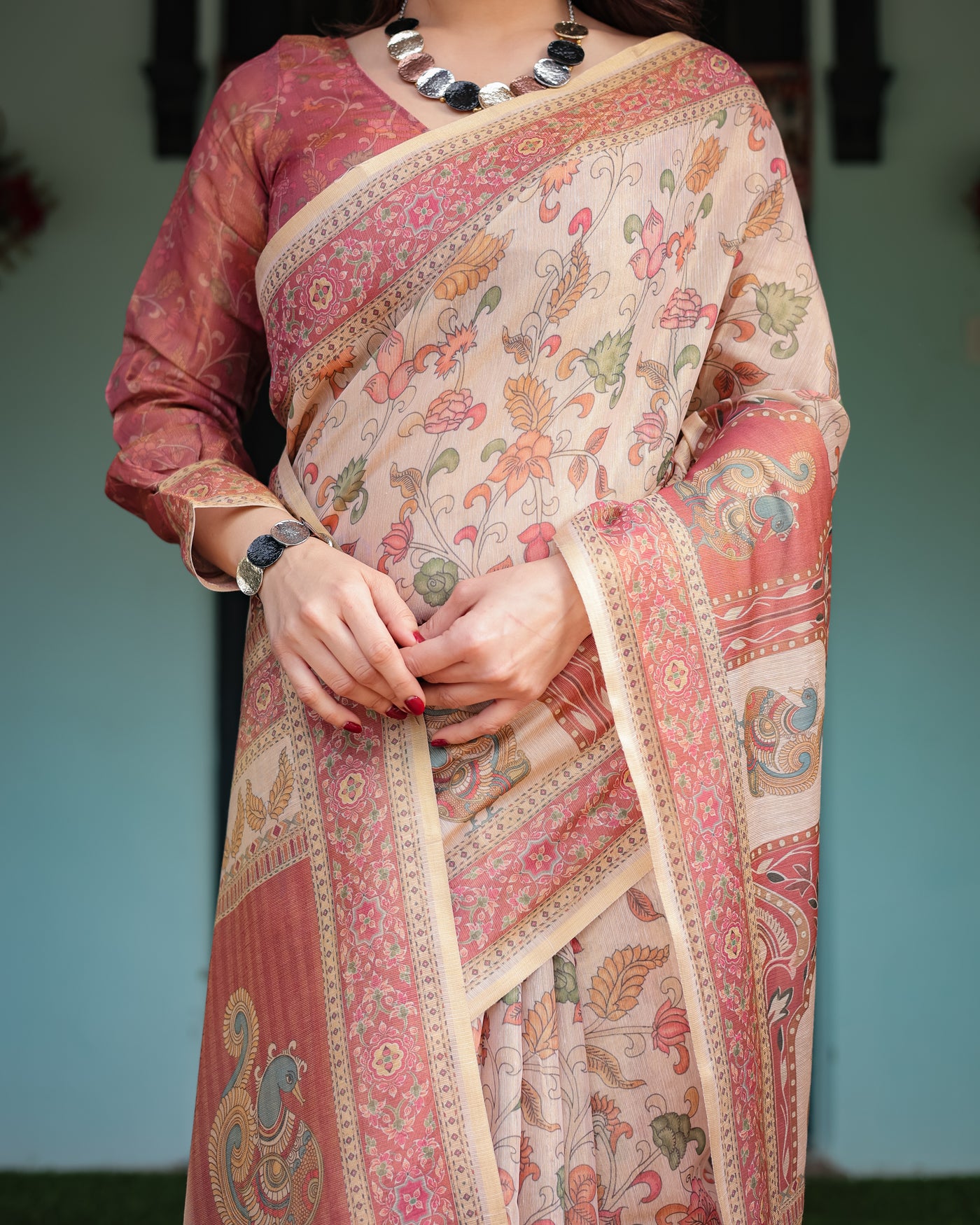 Cream with Coral Borders Linen Cotton Handloom Printed Saree, Peacock Motifs, Floral Design, and Tassels