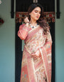 Cream with Coral Borders Linen Cotton Handloom Printed Saree, Peacock Motifs, Floral Design, and Tassels