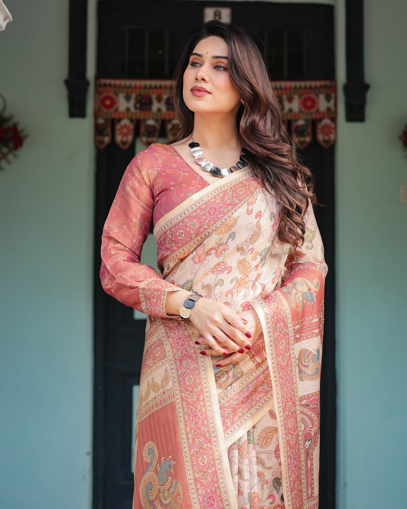 Cream with Coral Borders Linen Cotton Handloom Printed Saree, Peacock Motifs, Floral Design, and Tassels