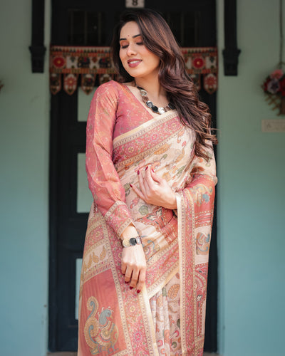 Cream with Coral Borders Linen Cotton Handloom Printed Saree, Peacock Motifs, Floral Design, and Tassels