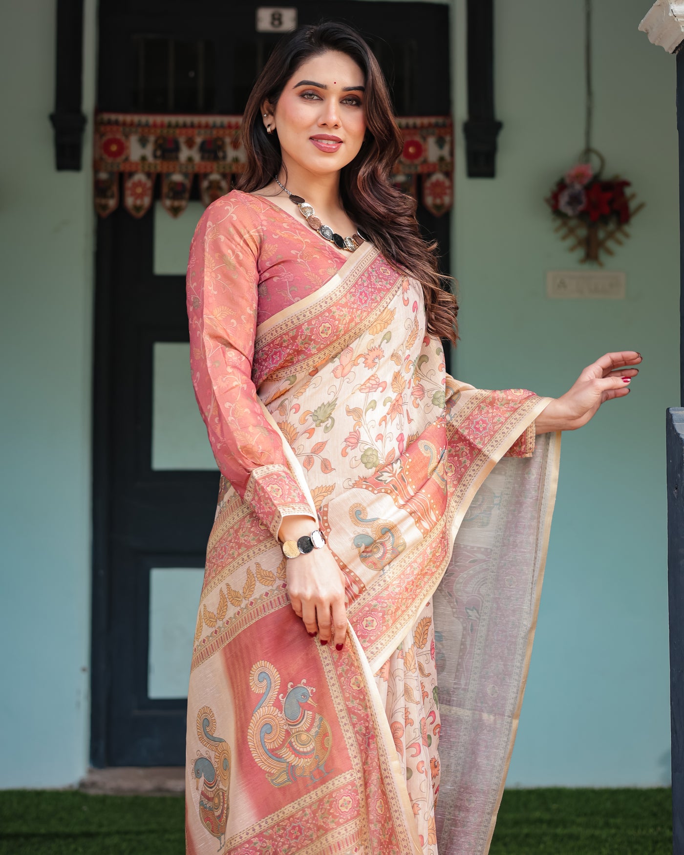 Cream with Coral Borders Linen Cotton Handloom Printed Saree, Peacock Motifs, Floral Design, and Tassels