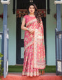 Rosy Pink with Intricate Floral Motifs Linen Cotton Handloom Printed Saree, Peacock Pallu, and Tassels