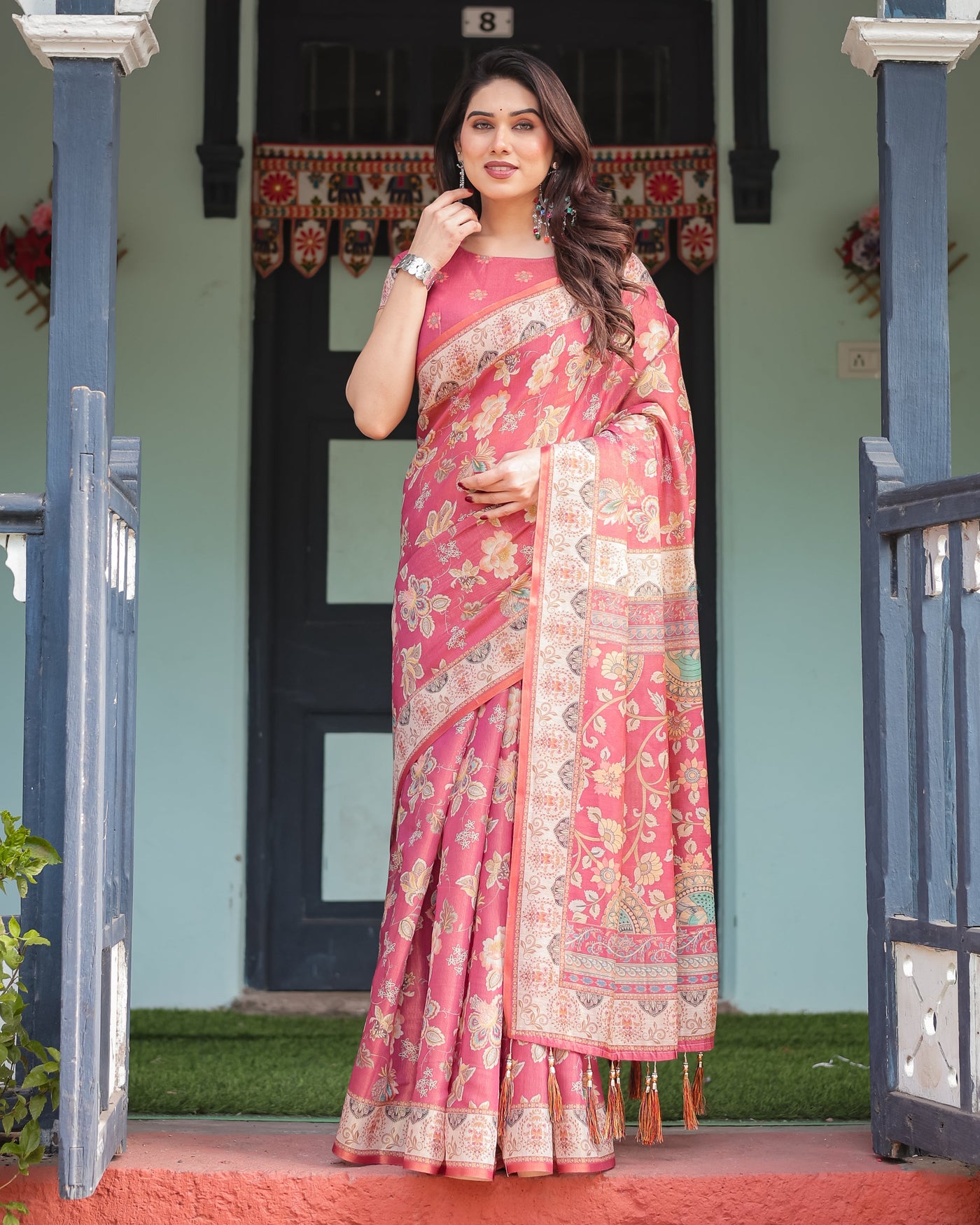 Rosy Pink with Intricate Floral Motifs Linen Cotton Handloom Printed Saree, Peacock Pallu, and Tassels