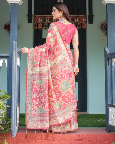 Rosy Pink with Intricate Floral Motifs Linen Cotton Handloom Printed Saree, Peacock Pallu, and Tassels