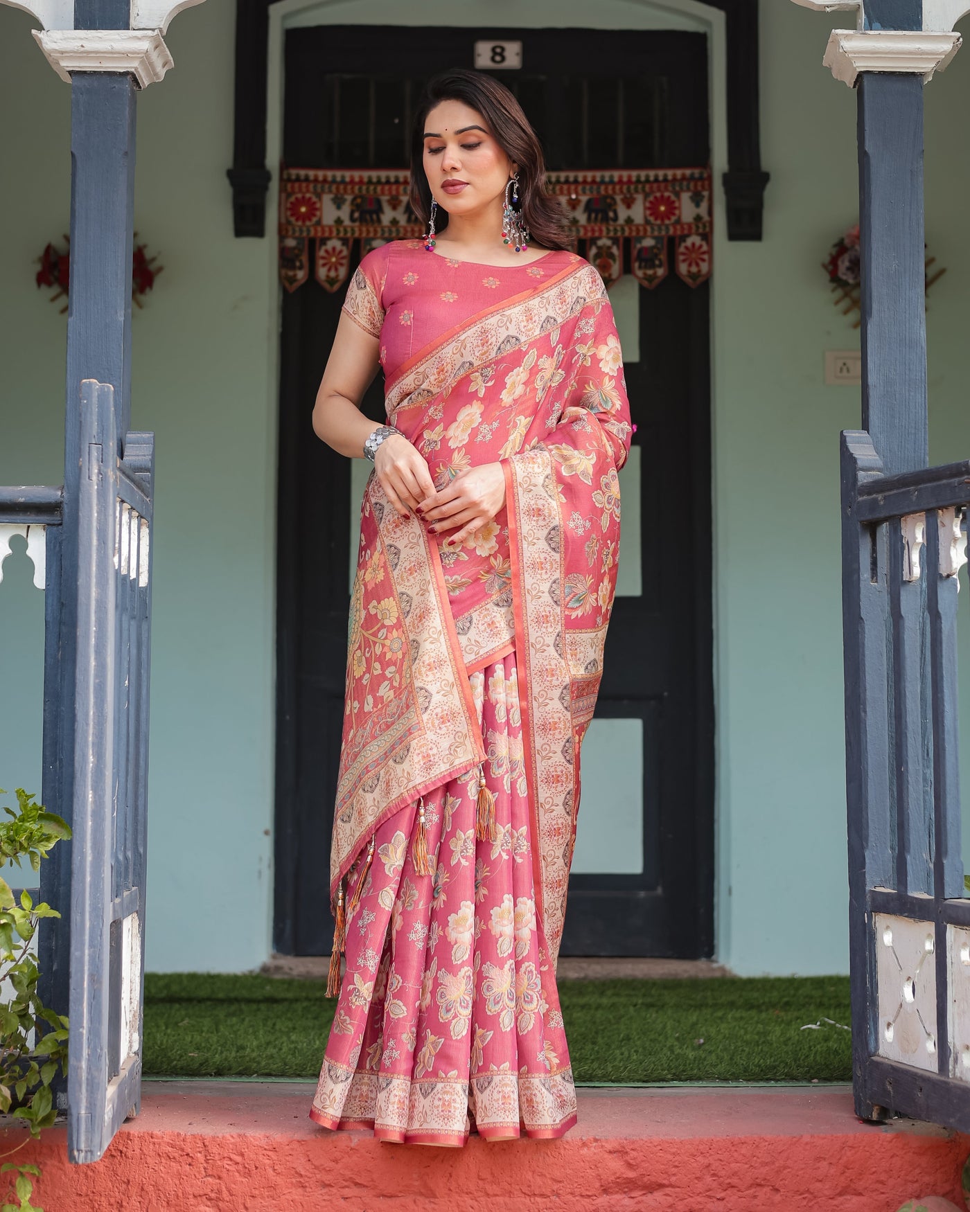 Rosy Pink with Intricate Floral Motifs Linen Cotton Handloom Printed Saree, Peacock Pallu, and Tassels