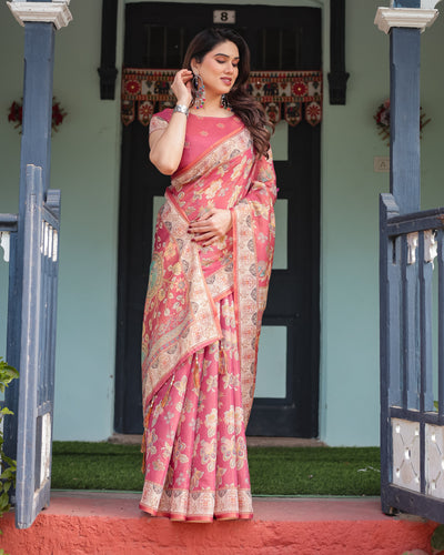 Rosy Pink with Intricate Floral Motifs Linen Cotton Handloom Printed Saree, Peacock Pallu, and Tassels