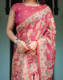 Rosy Pink with Intricate Floral Motifs Linen Cotton Handloom Printed Saree, Peacock Pallu, and Tassels