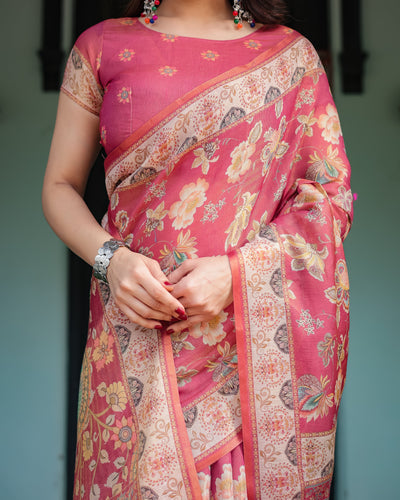 Rosy Pink with Intricate Floral Motifs Linen Cotton Handloom Printed Saree, Peacock Pallu, and Tassels