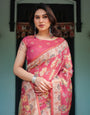 Rosy Pink with Intricate Floral Motifs Linen Cotton Handloom Printed Saree, Peacock Pallu, and Tassels