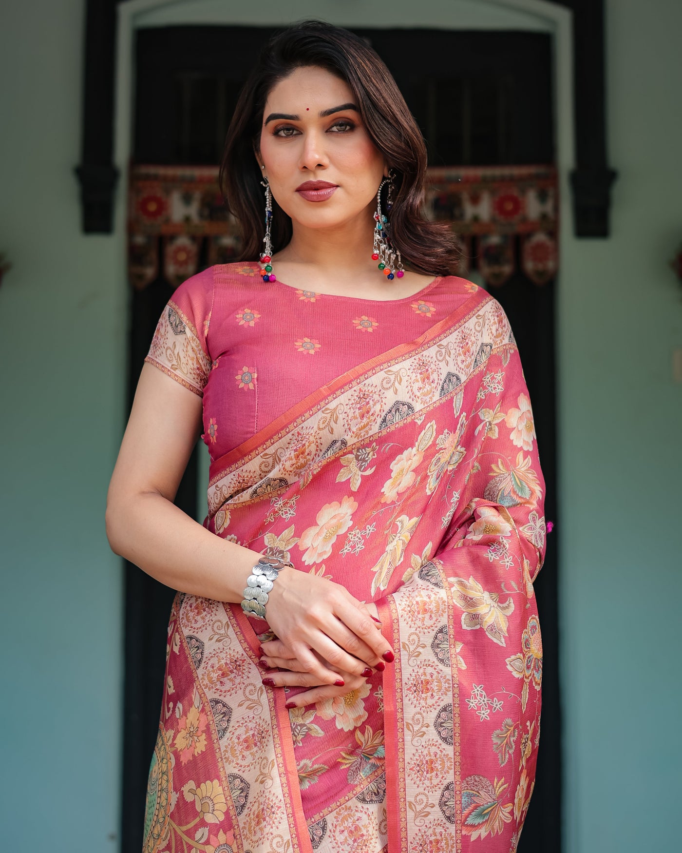 Rosy Pink with Intricate Floral Motifs Linen Cotton Handloom Printed Saree, Peacock Pallu, and Tassels