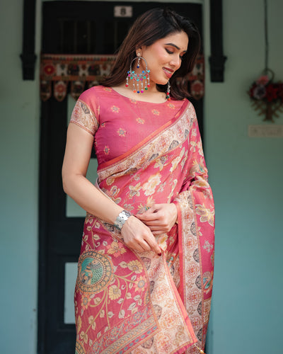 Rosy Pink with Intricate Floral Motifs Linen Cotton Handloom Printed Saree, Peacock Pallu, and Tassels