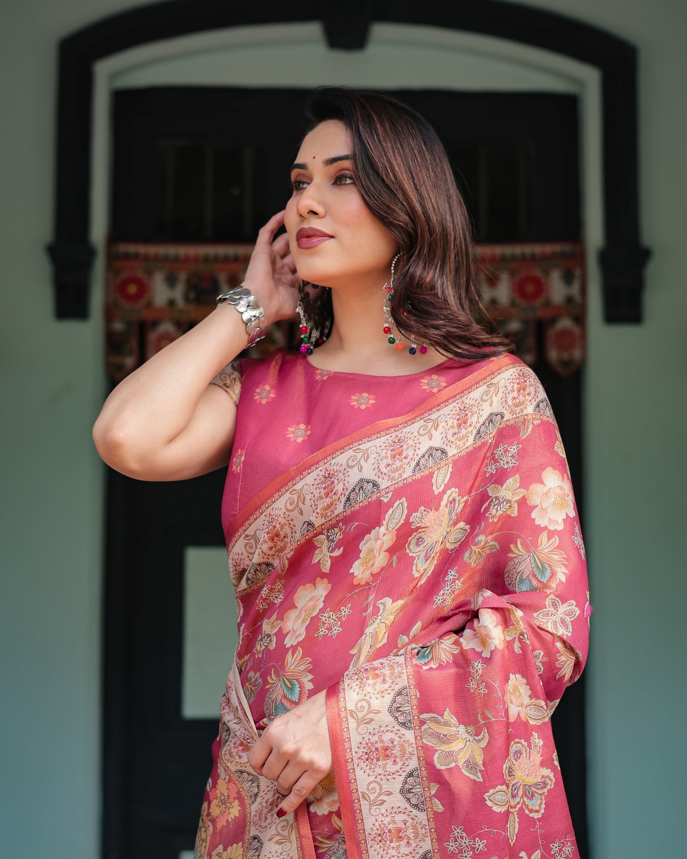 Rosy Pink with Intricate Floral Motifs Linen Cotton Handloom Printed Saree, Peacock Pallu, and Tassels