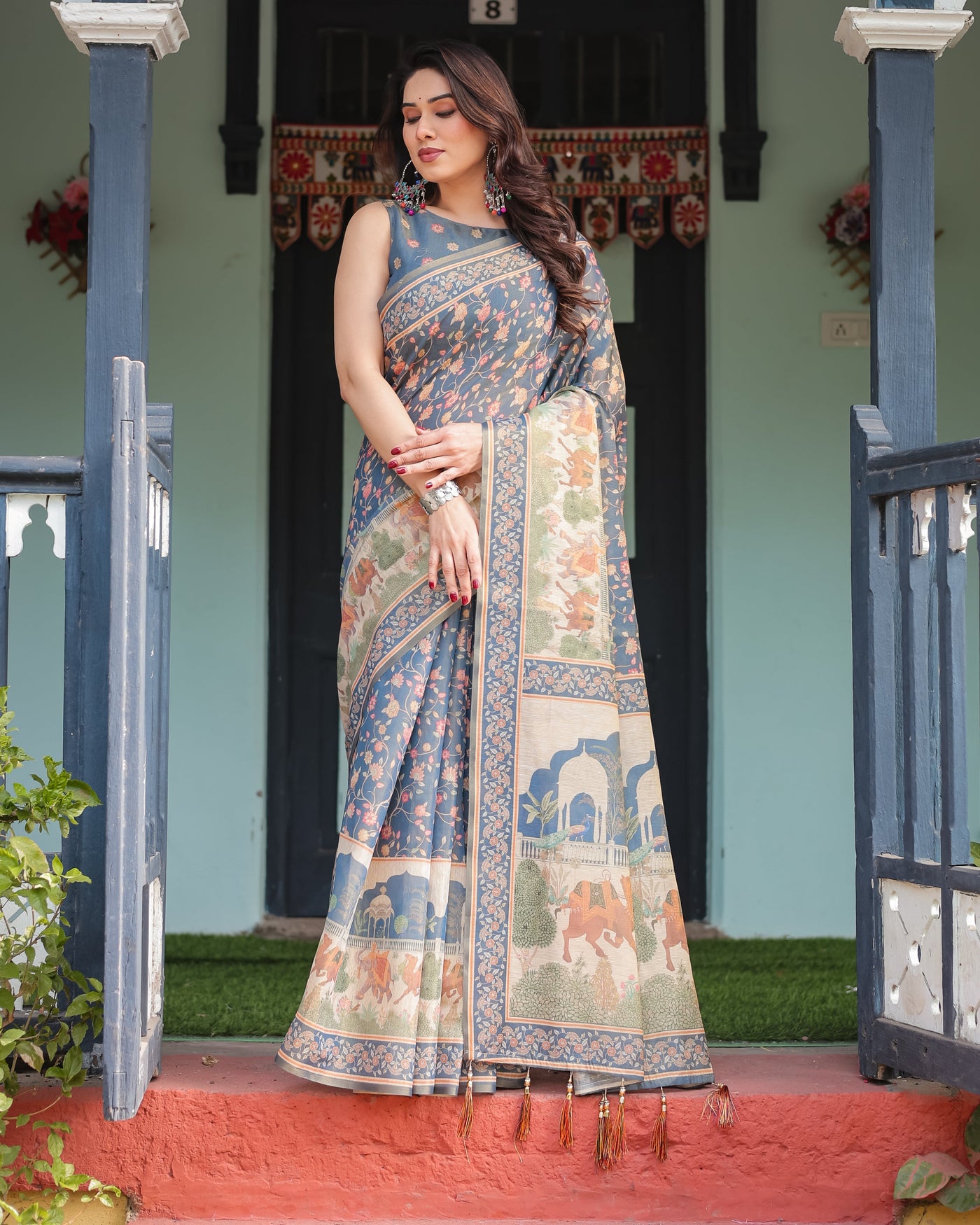 Steel Blue with Floral Patterns Linen Cotton Handloom Printed Saree, Heritage-Inspired Pallu, and Tassels