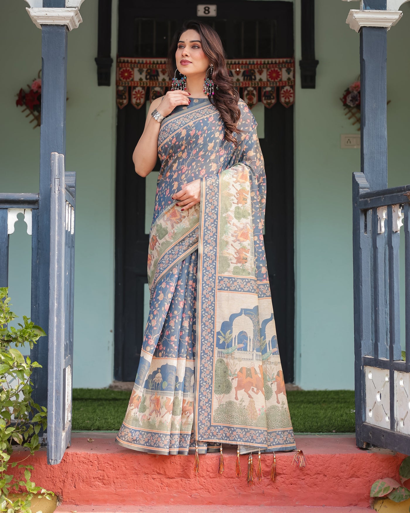 Steel Blue with Floral Patterns Linen Cotton Handloom Printed Saree, Heritage-Inspired Pallu, and Tassels