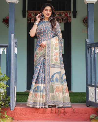 Steel Blue with Floral Patterns Linen Cotton Handloom Printed Saree, Heritage-Inspired Pallu, and Tassels