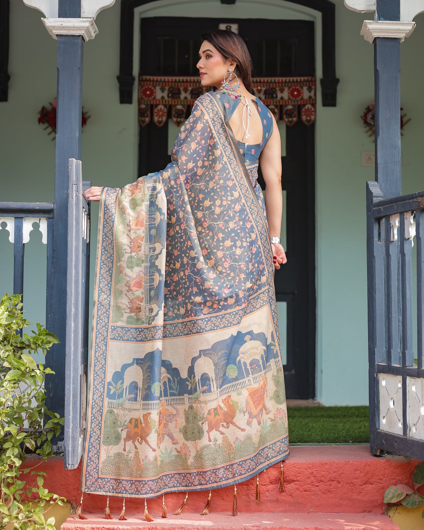 Steel Blue with Floral Patterns Linen Cotton Handloom Printed Saree, Heritage-Inspired Pallu, and Tassels