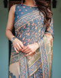 Steel Blue with Floral Patterns Linen Cotton Handloom Printed Saree, Heritage-Inspired Pallu, and Tassels