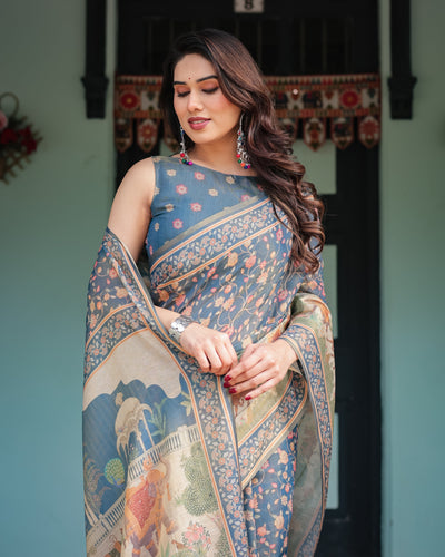 Steel Blue with Floral Patterns Linen Cotton Handloom Printed Saree, Heritage-Inspired Pallu, and Tassels