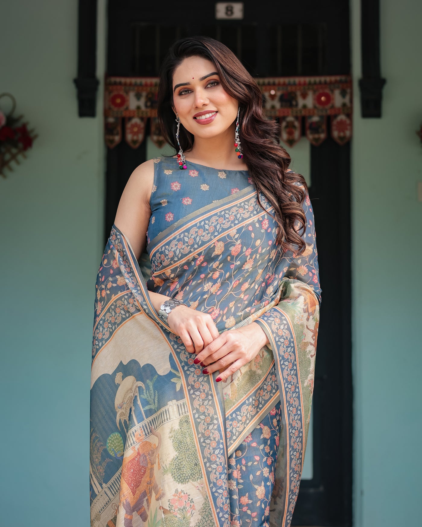 Steel Blue with Floral Patterns Linen Cotton Handloom Printed Saree, Heritage-Inspired Pallu, and Tassels