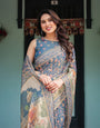 Steel Blue with Floral Patterns Linen Cotton Handloom Printed Saree, Heritage-Inspired Pallu, and Tassels