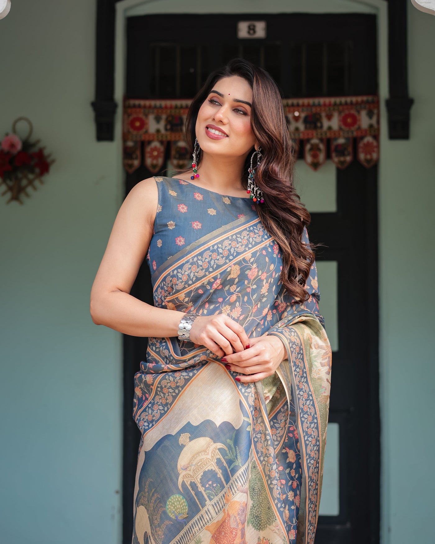 Steel Blue with Floral Patterns Linen Cotton Handloom Printed Saree, Heritage-Inspired Pallu, and Tassels